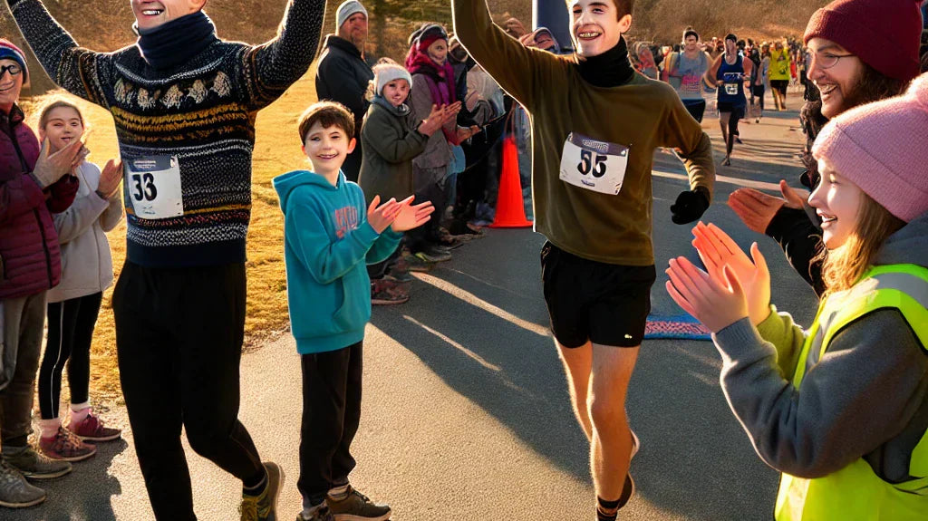 Cupid’s Chase 5K, featuring runners of all ages racing on a sunny winter morning. Spectators cheer along the course, and two young volunteers enthusiastically clap at an early turn. The top male and female finishers run with determination