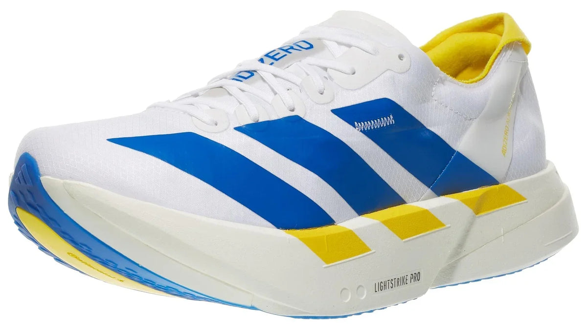 Adidas Adizero Adios Pro 4 men's white blue and yellow road racing shoe, side view