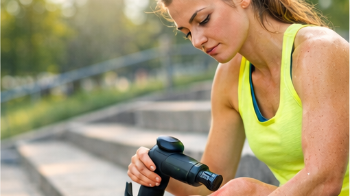 Runner using a massage gun on a sore calf after training to improve recovery