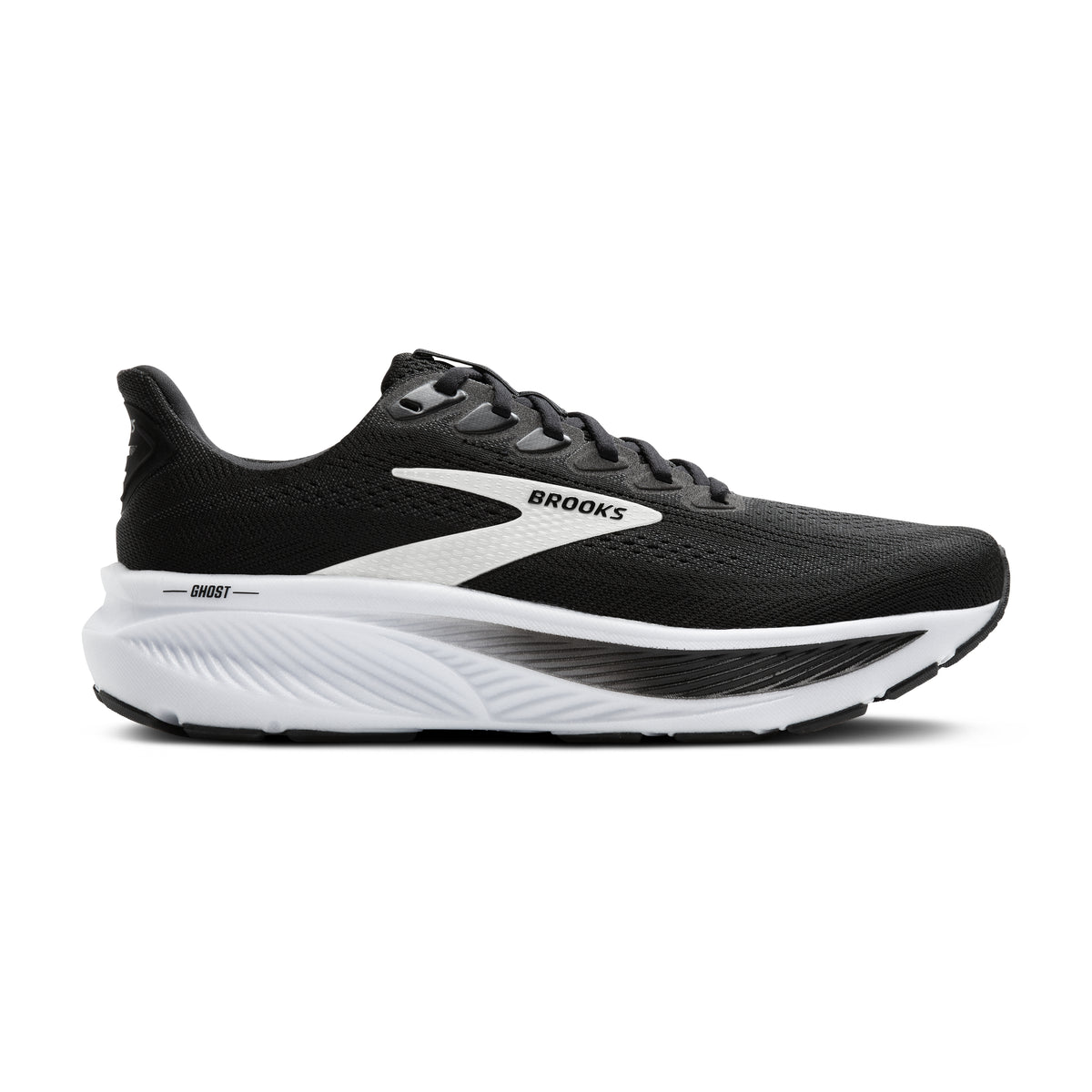 Men's Brooks Ghost 17. Black upper. White midsole. Lateral view.