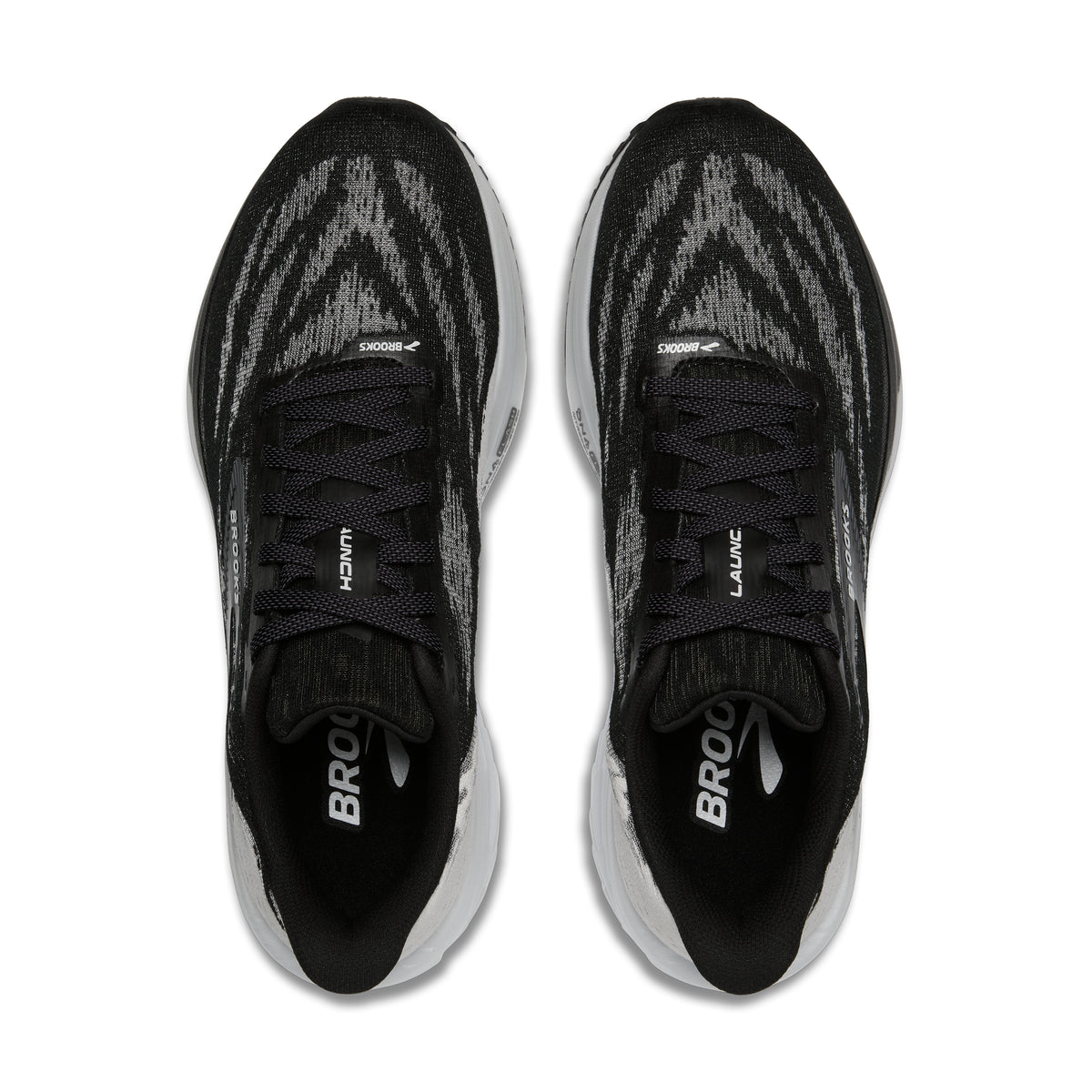 Men's Brooks Launch 11. Black/White upper. Black/White midsole. Top view.