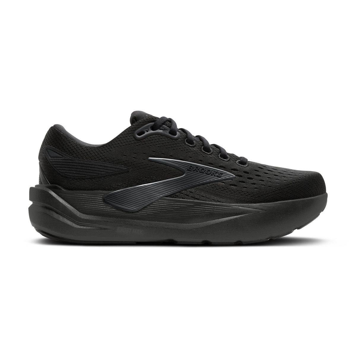 Men's Brooks Ghost Max 3. Black upper. Black midsole. Lateral view.