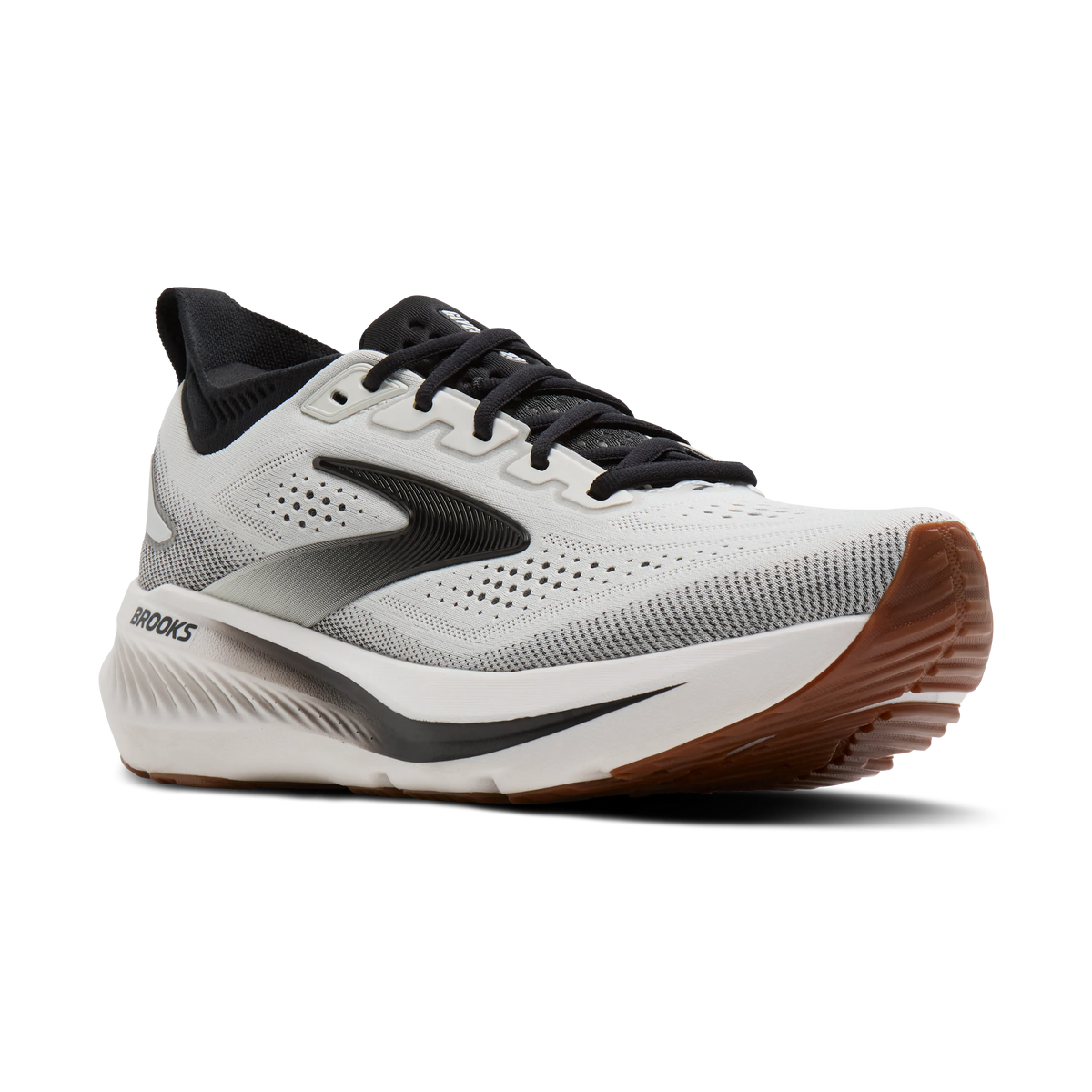 Brooks Glycerin 23 men's running shoe in White/Black/Gum, lateral view (image 1).
