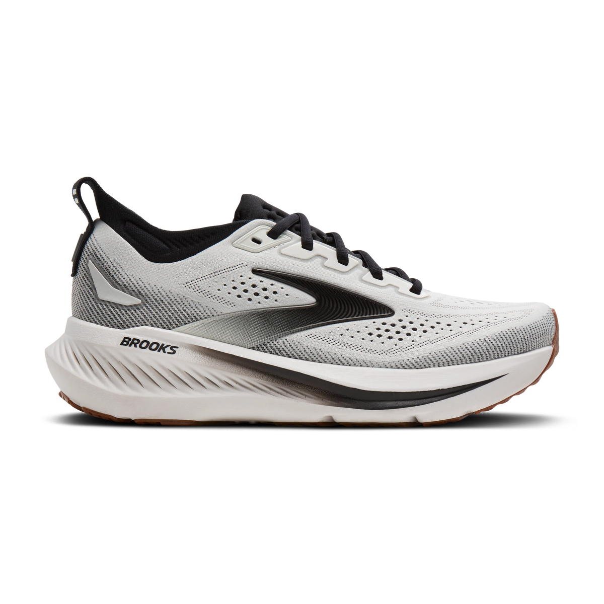Brooks Glycerin 23 men's running shoe in White/Black/Gum, lateral view (image 2).