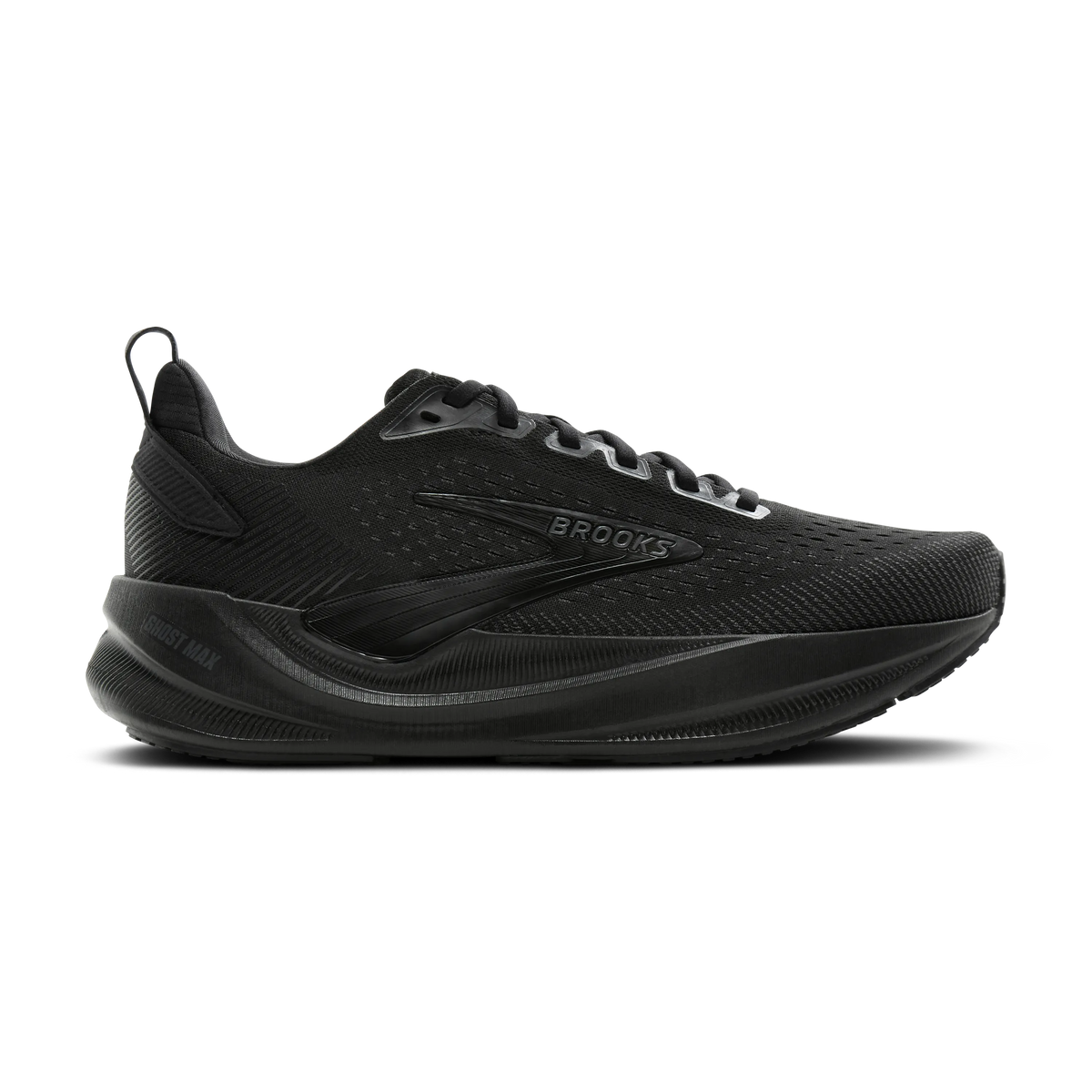 Men's Brooks Ghost Max 4. Black upper. Black midsole. Lateral view.