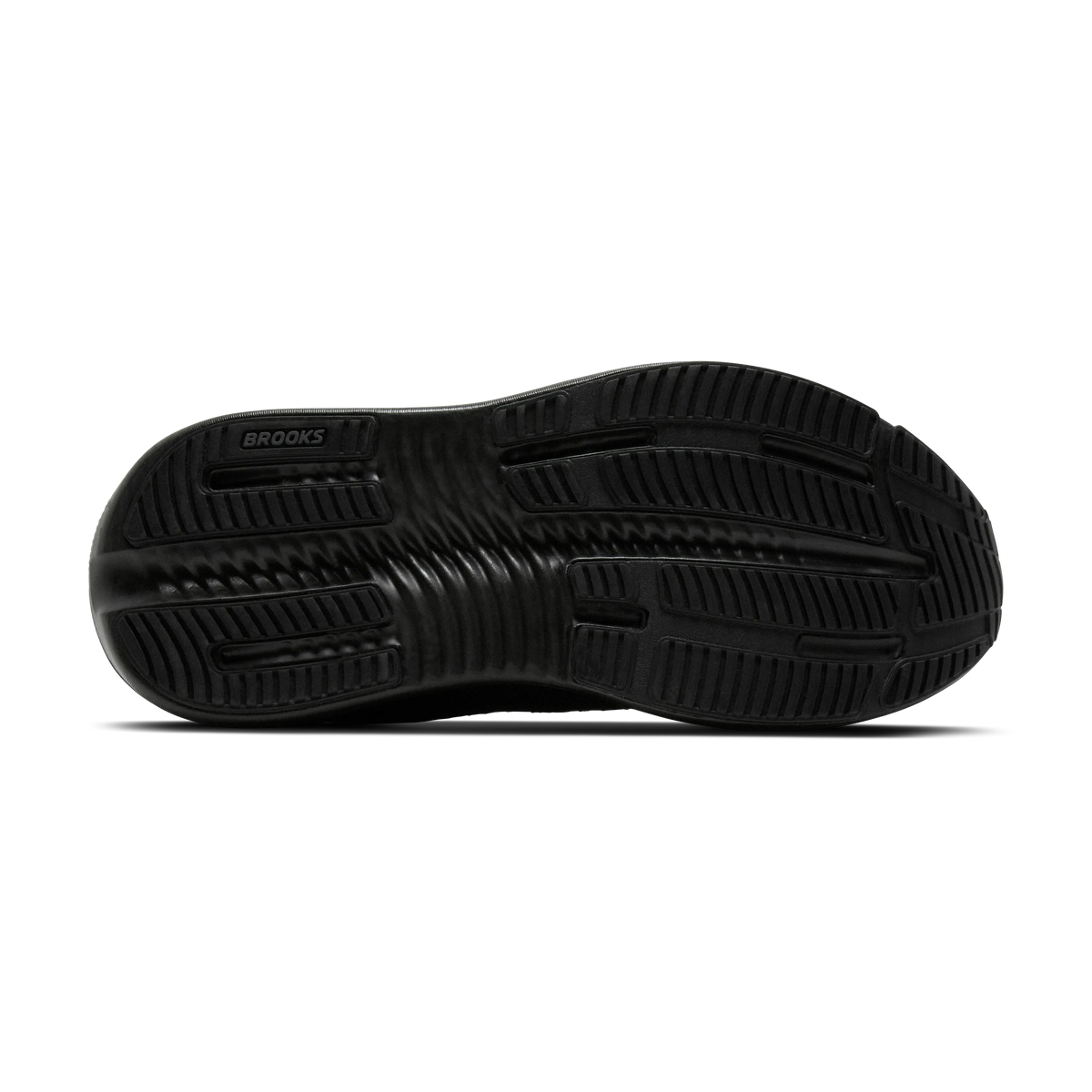 Men's Brooks Ghost Max 4. Black upper. Black midsole. Bottom view.