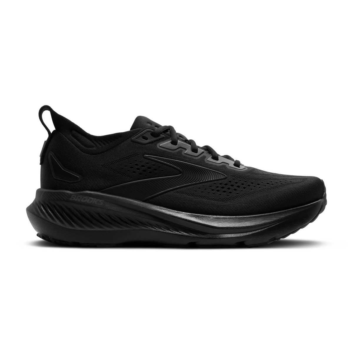 Brooks Glycerin GTS 23 men's stability running shoe in Black/Black/Ebony, lateral view (image 2).
