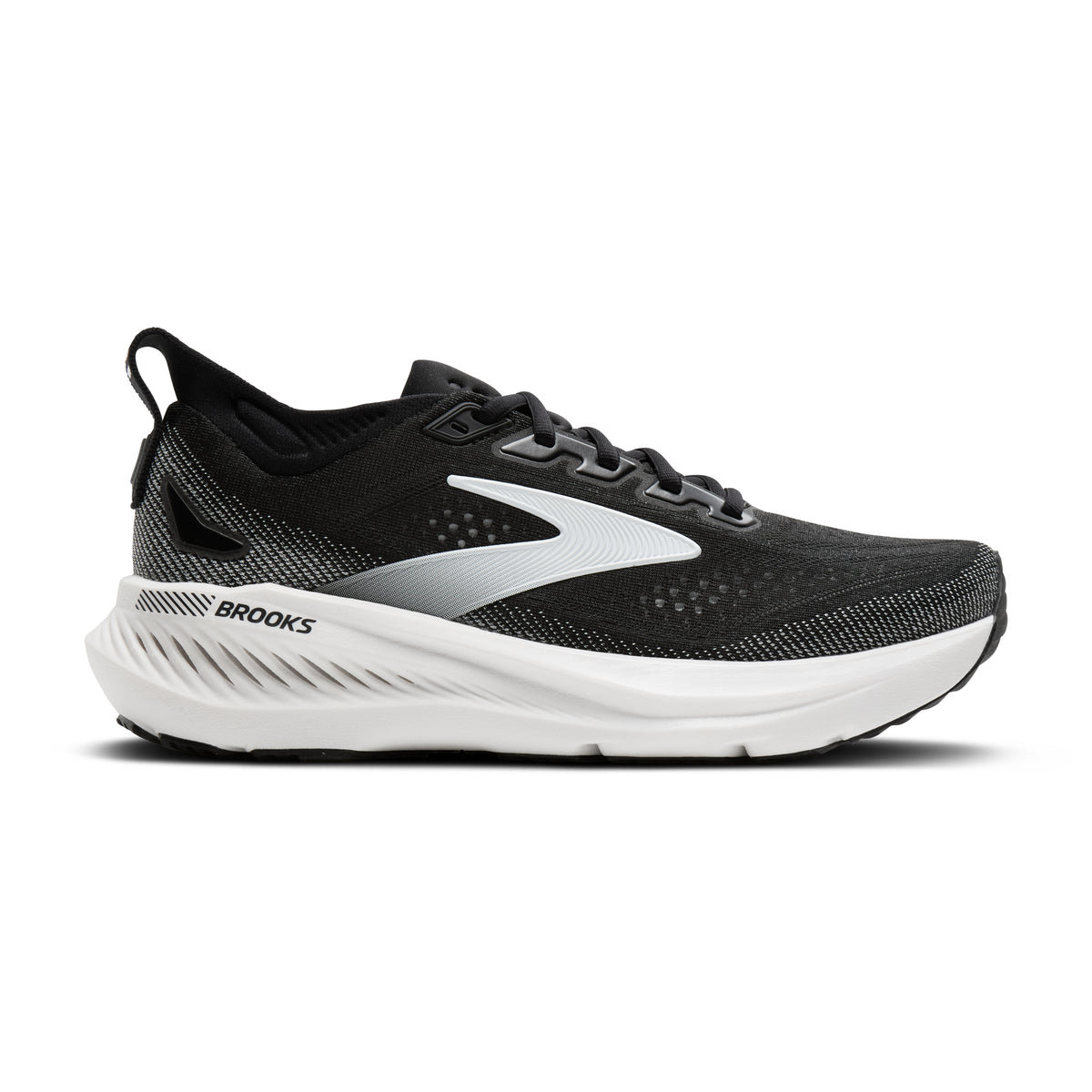 Men's Brooks Glycerin GTS 23. Black upper. White midsole. Lateral view.