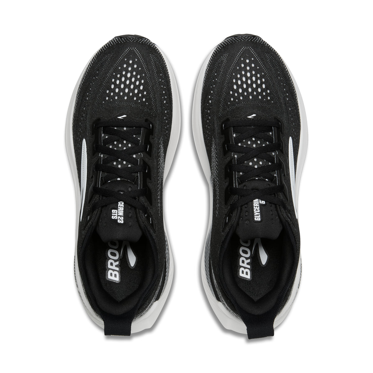 Men's Brooks Glycerin GTS 23. Black upper. White midsole. Top view.
