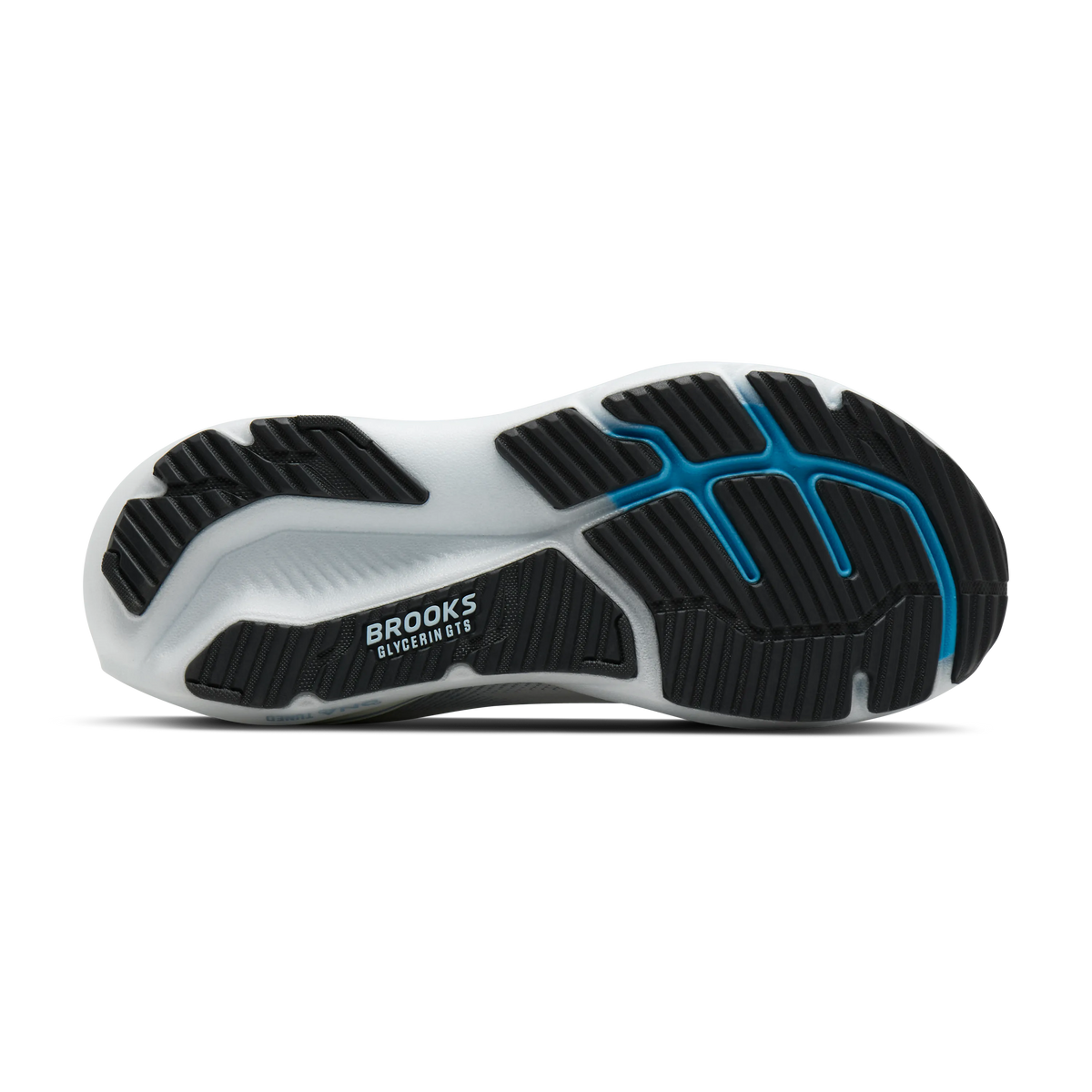 Brooks Glycerin GTS 23 men's stability running shoe in White/Rain/Baltic Sea, bottom view (image 5).