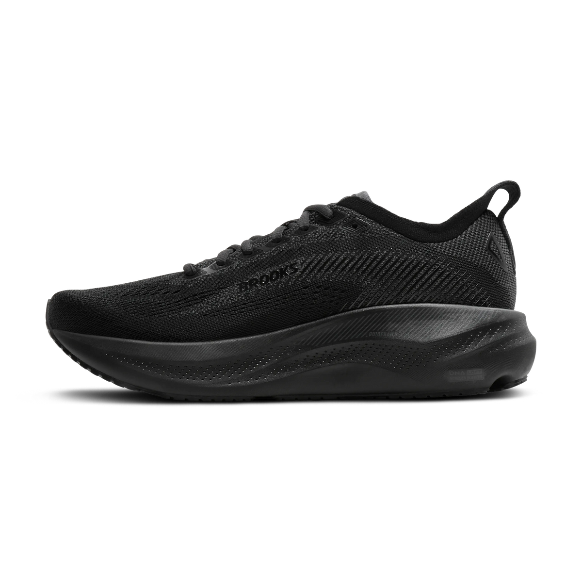 Men's Brooks Adrenaline GTS 26. Black upper. Black midsole. Medial view.