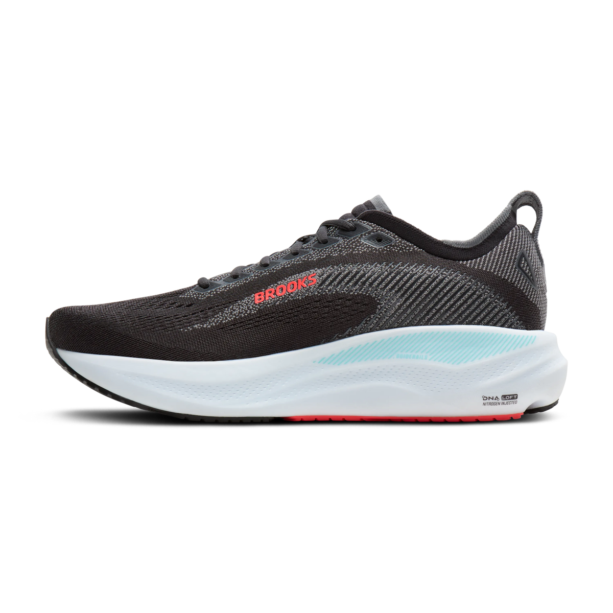 Men's Brooks Adrenaline GTS 26. Black upper. White midsole. Medial view.