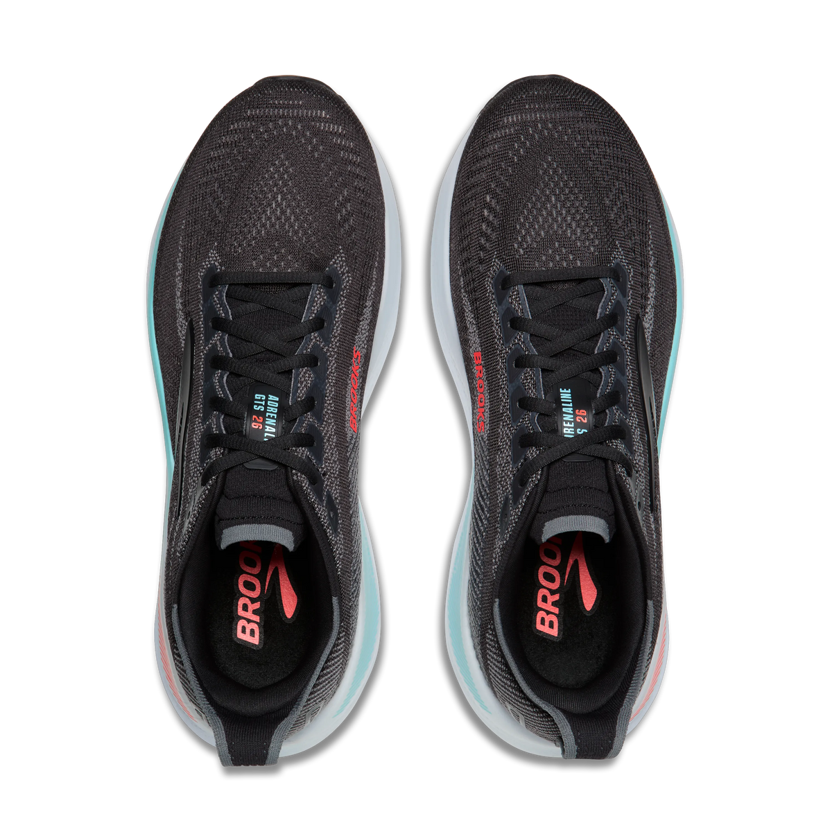 Men's Brooks Adrenaline GTS 26. Black upper. White midsole. Top view.