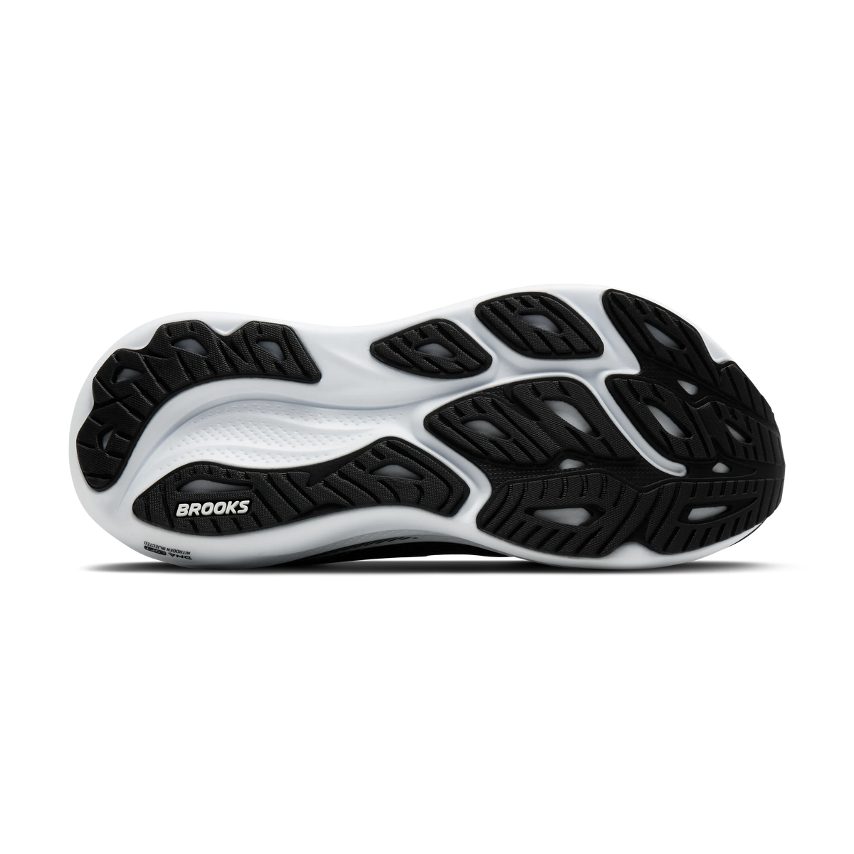 Men's Brooks Adrenaline GTS 26. Black upper. White midsole. Bottom view.