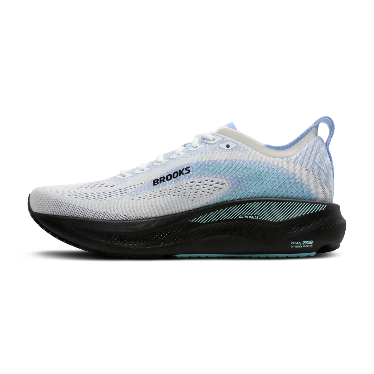 Men's Brooks Adrenaline GTS 26. White upper. Black midsole. Medial view.