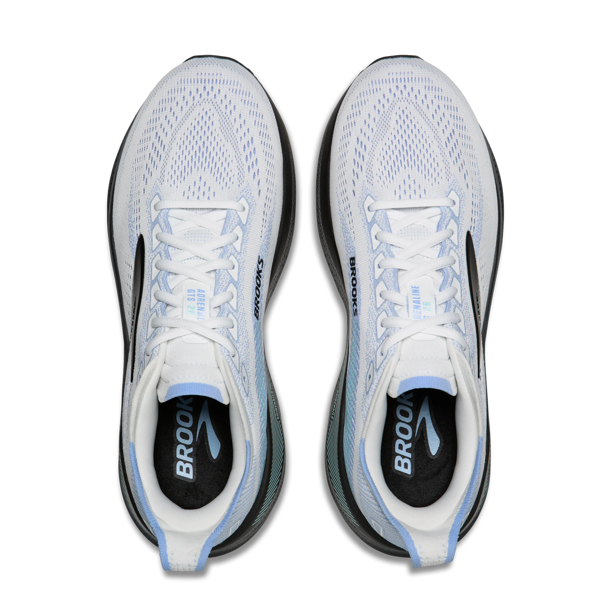 Men's Brooks Adrenaline GTS 26. White upper. Black midsole. Top view.