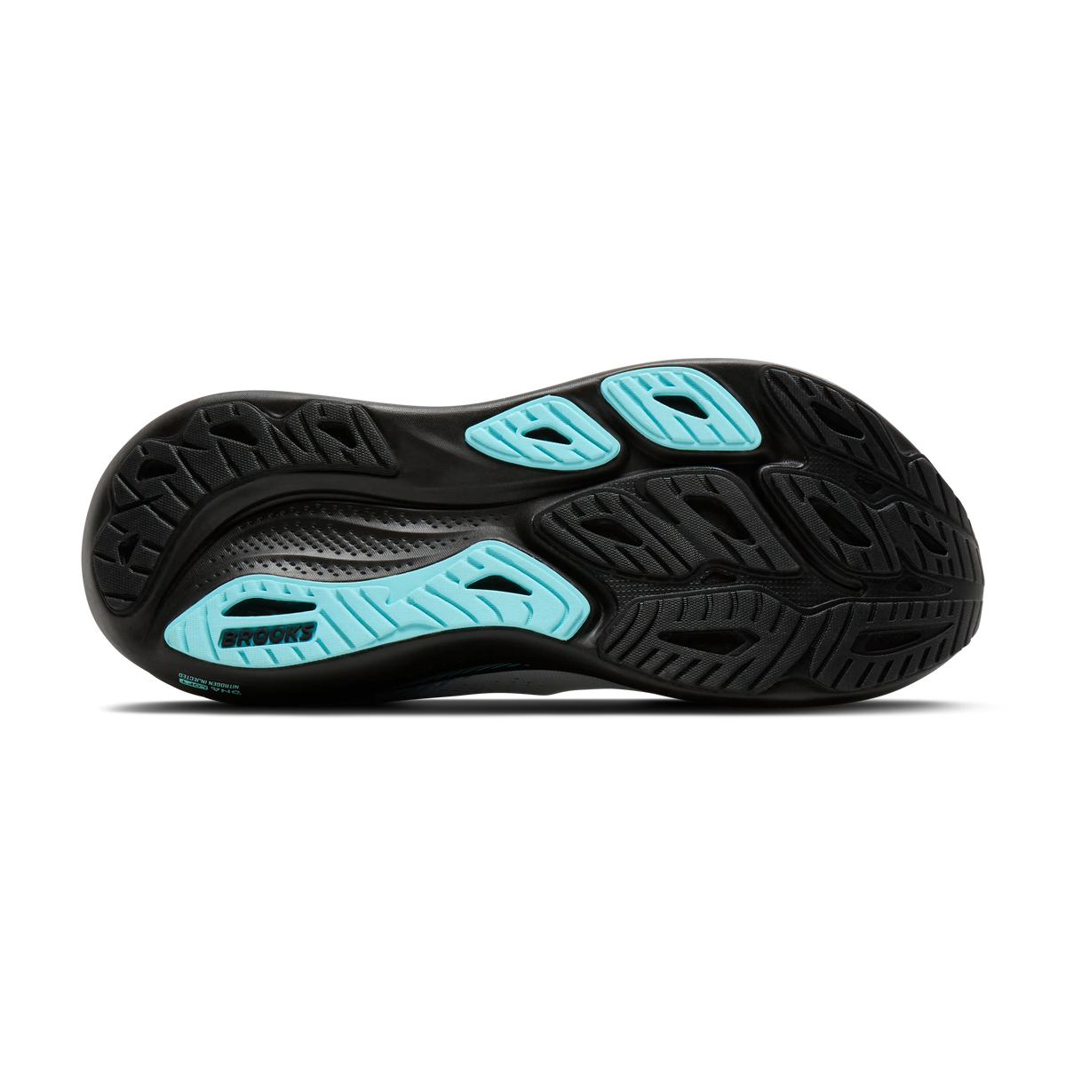 Men's Brooks Adrenaline GTS 26. White upper. Black midsole. Bottom view.
