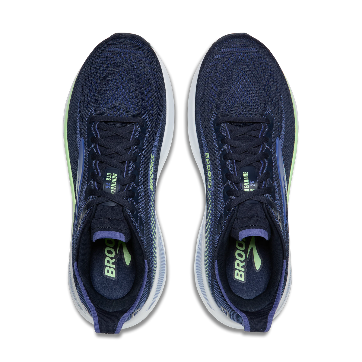 Men's Brooks Adrenaline GTS 26. Navy upper. White midsole. Top view.