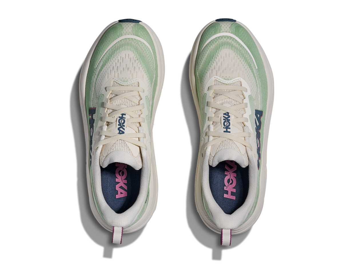 Women's Hoka Skyflow. Alabaster/Vintage Green. Top view.