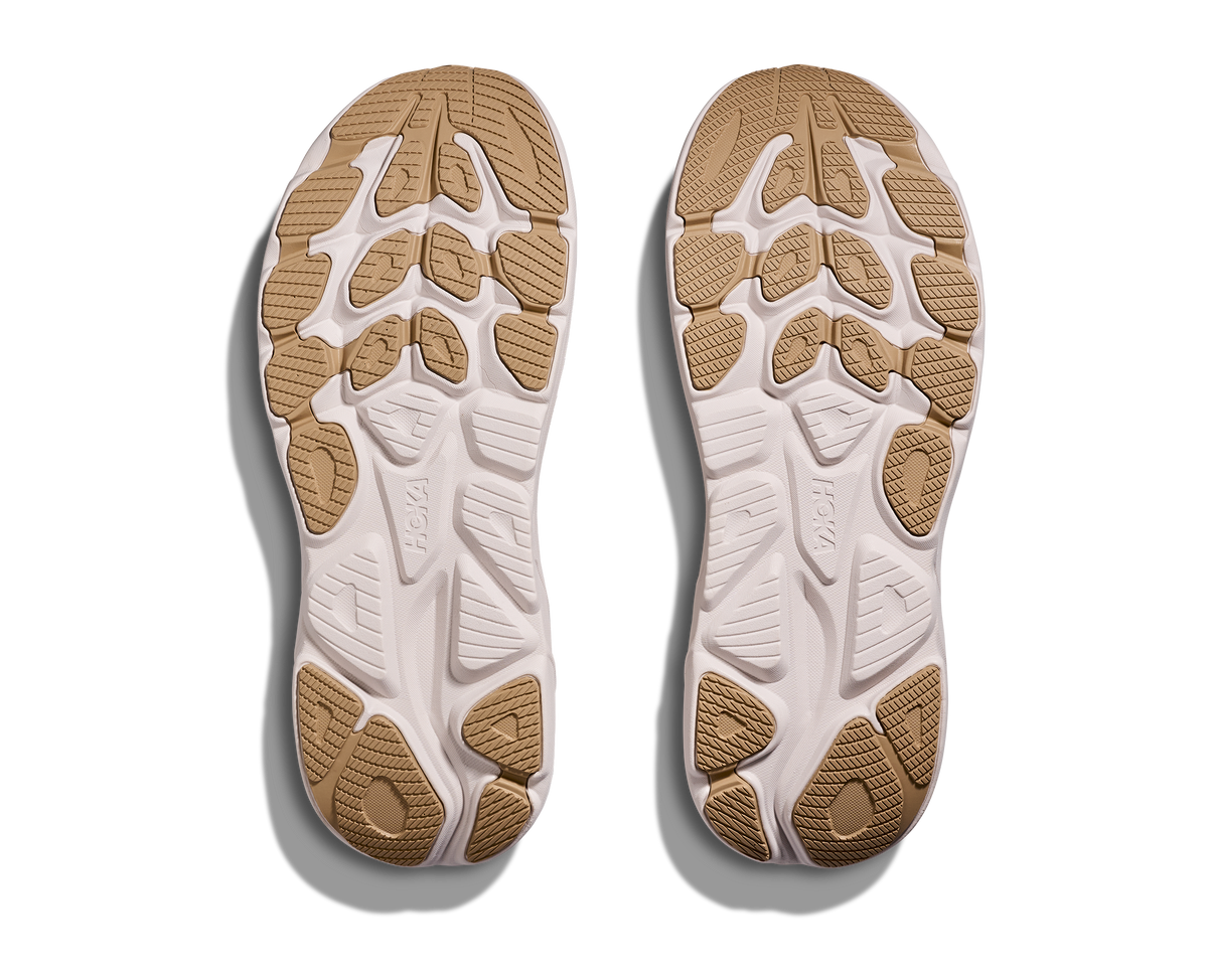 Men's Hoka Clifton 10. Light Grey upper. White midsole. Bottom view.