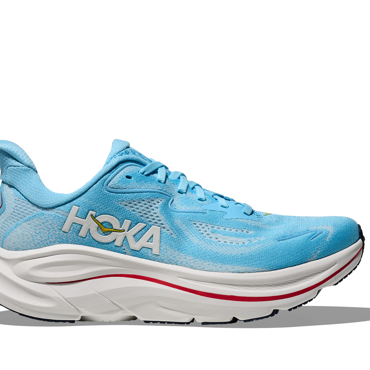 Women's Hoka Clifton 10. Light Blue upper. White midsole. Lateral view.