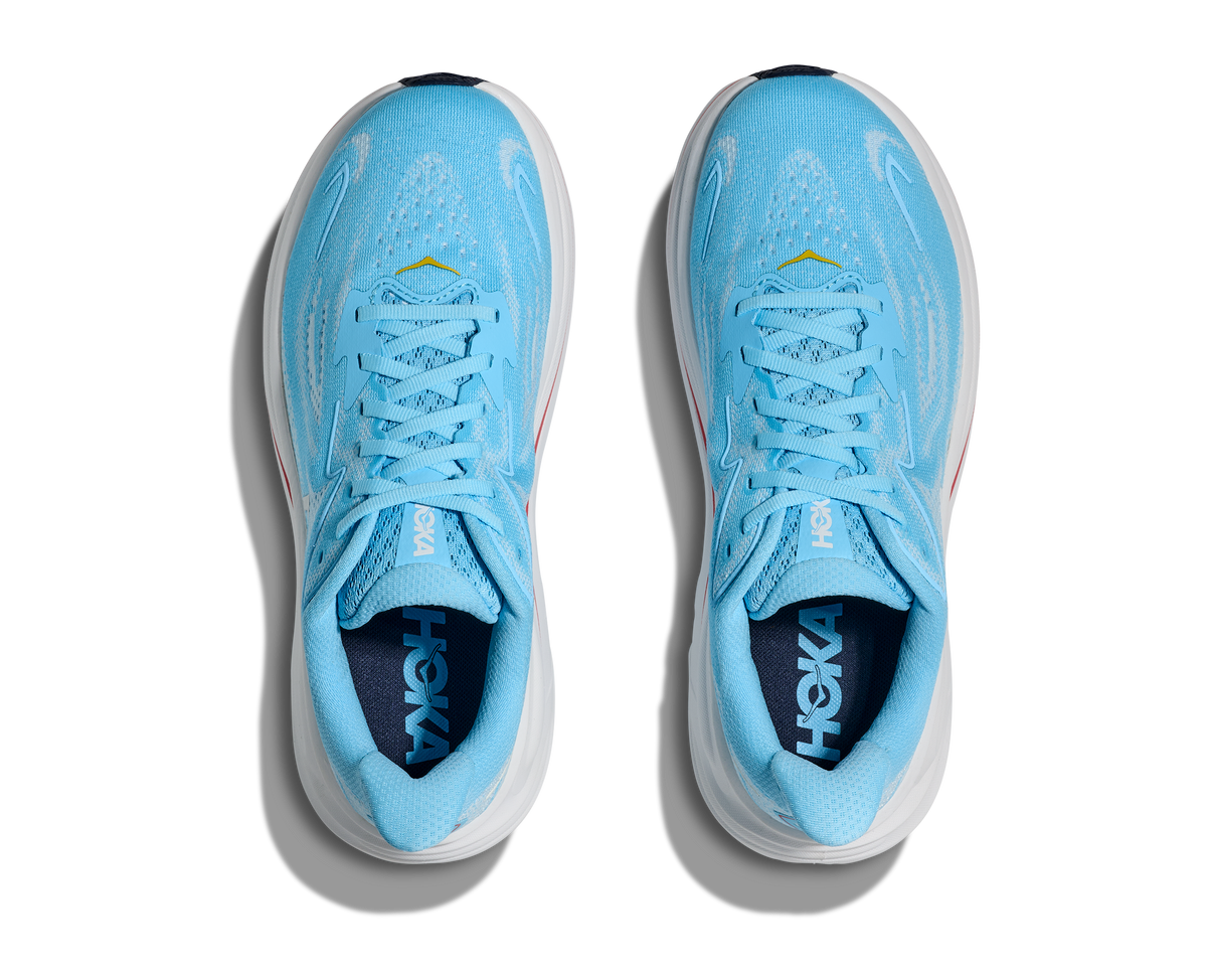Women's Hoka Clifton 10. Light Blue upper. White midsole. Top view.