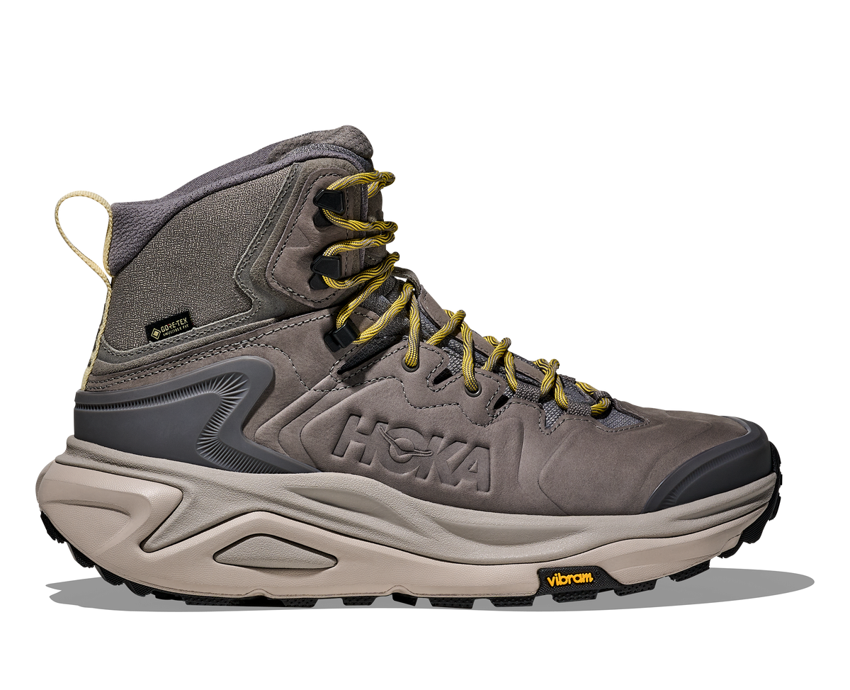 Men's Hoka Kaha GTX 3. Grey upper. Grey midsole. Lateral view.