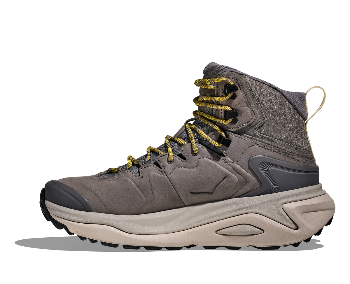 Men's Hoka Kaha GTX 3. Grey upper. Grey midsole. Medial view.