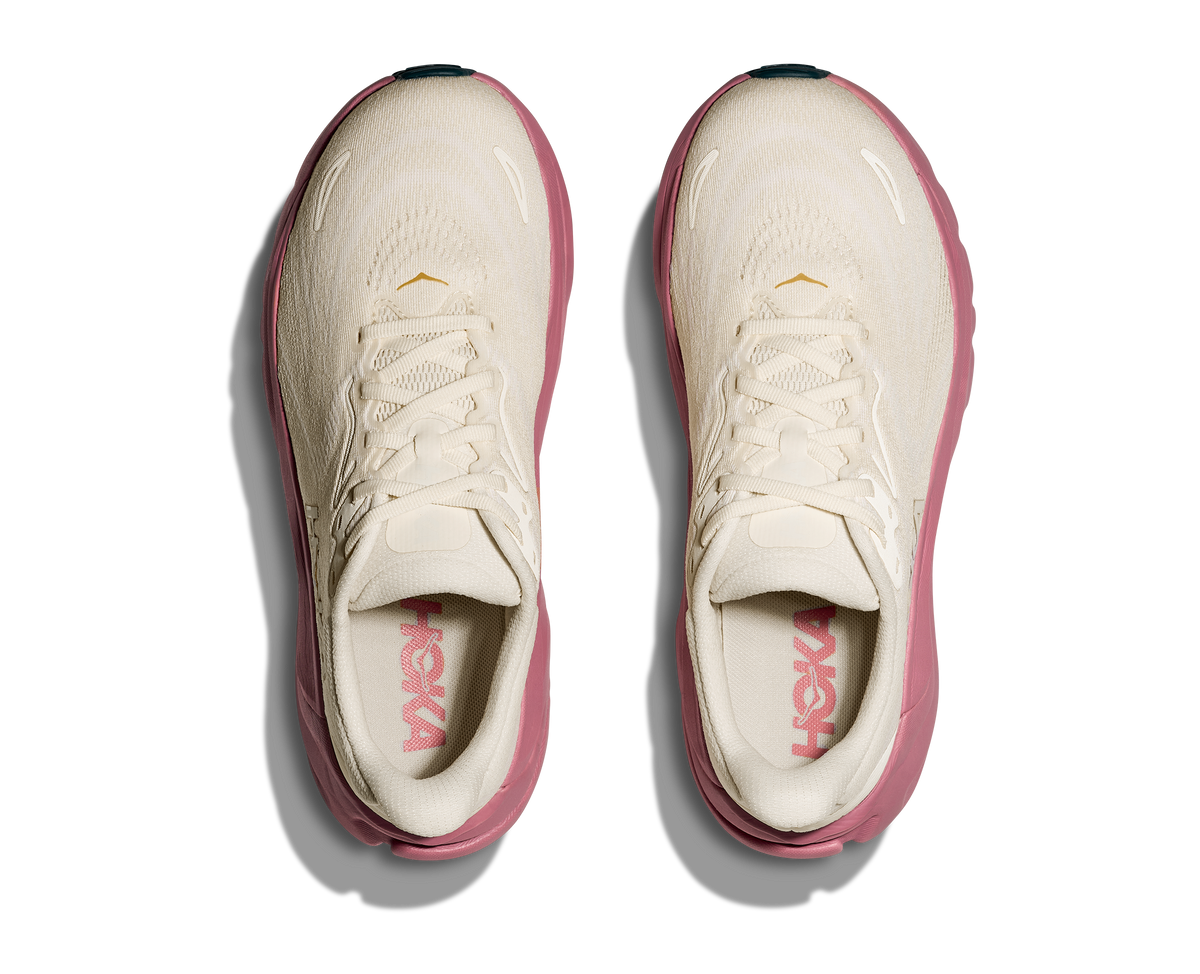 Women's HOKA Arahi 8 in Alabaster/Lingonberry, top view.