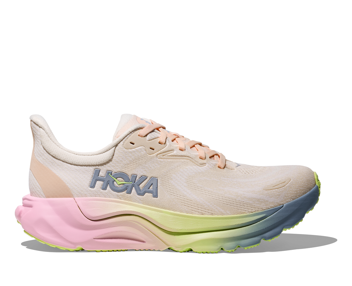 Women's HOKA Arahi 8 in Alabaster/Tangerine Glow, lateral view.