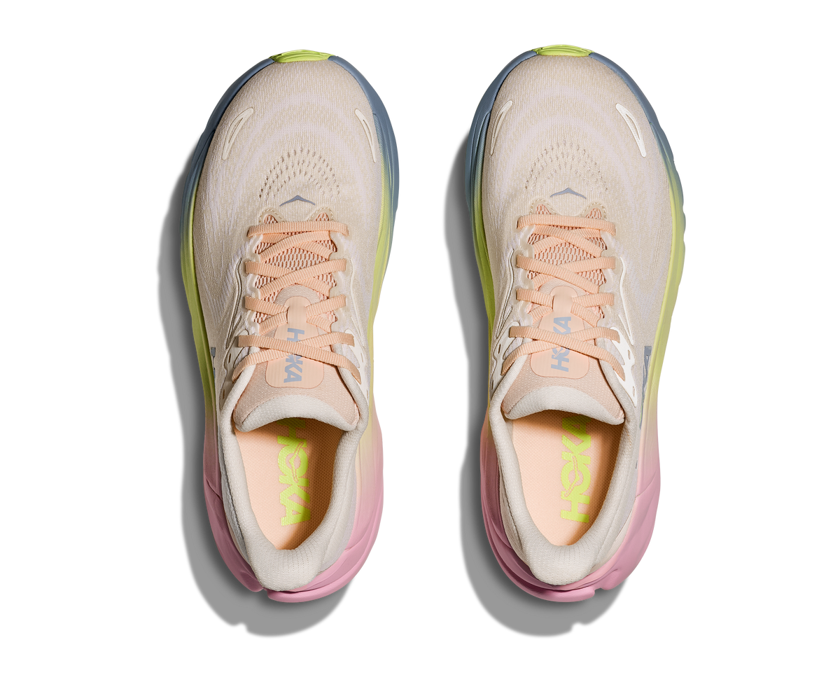 Women's HOKA Arahi 8 in Alabaster/Tangerine Glow, top view.