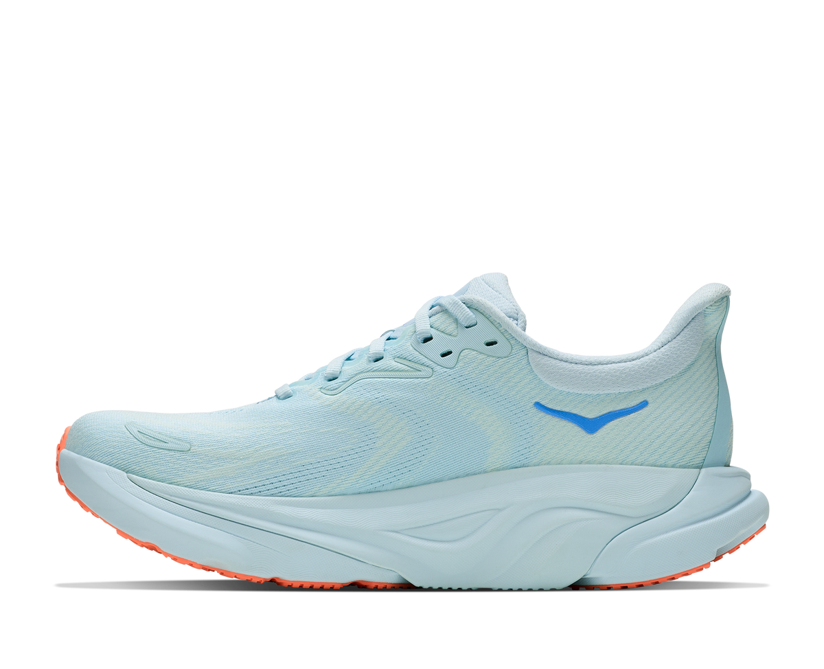 Women's Hoka Arahi 8. Light Blue upper. Light Blue midsole. Medial view.