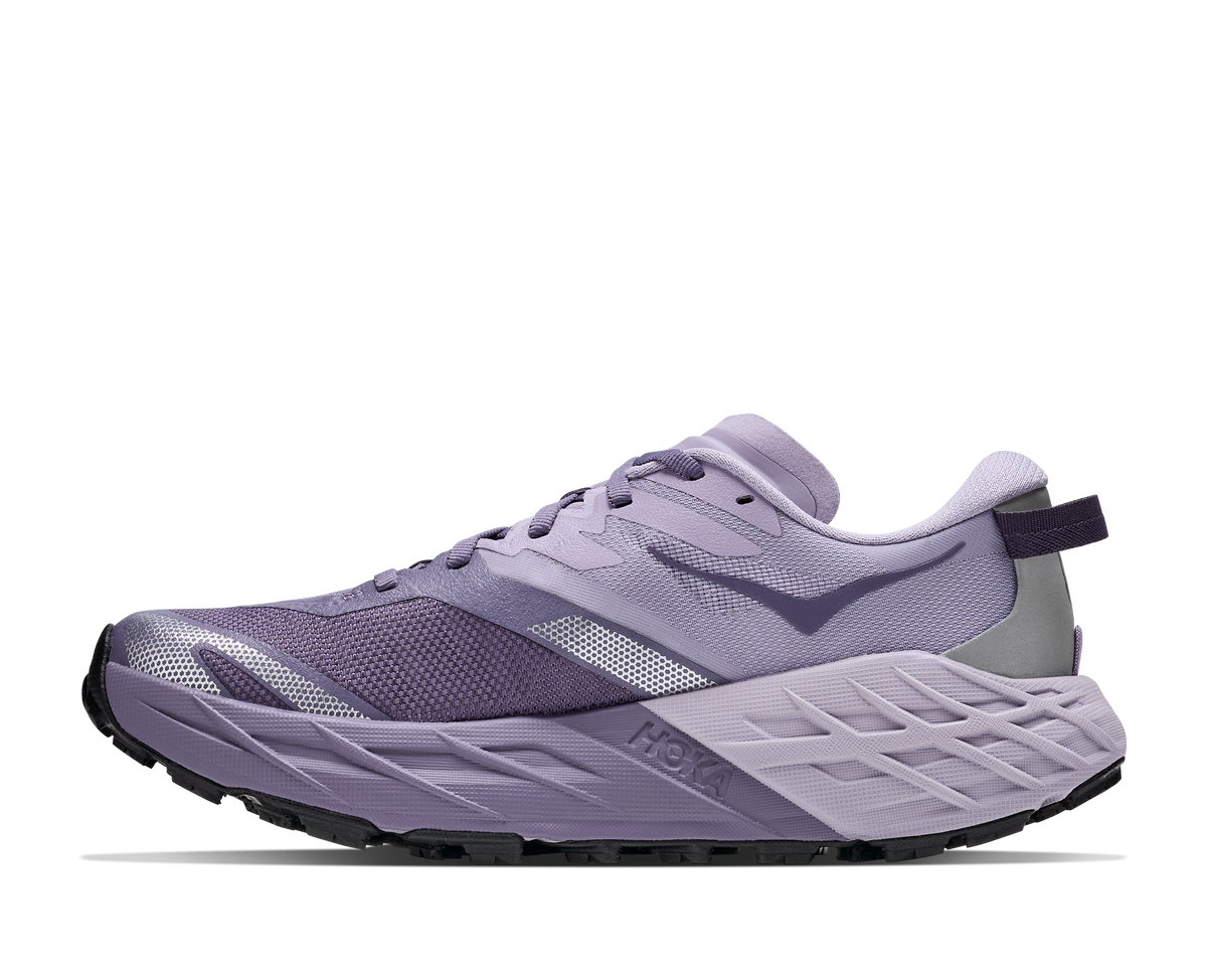 Women's HOKA Speedgoat 7 in Mellow Lilac/Purple Fog, medial view.