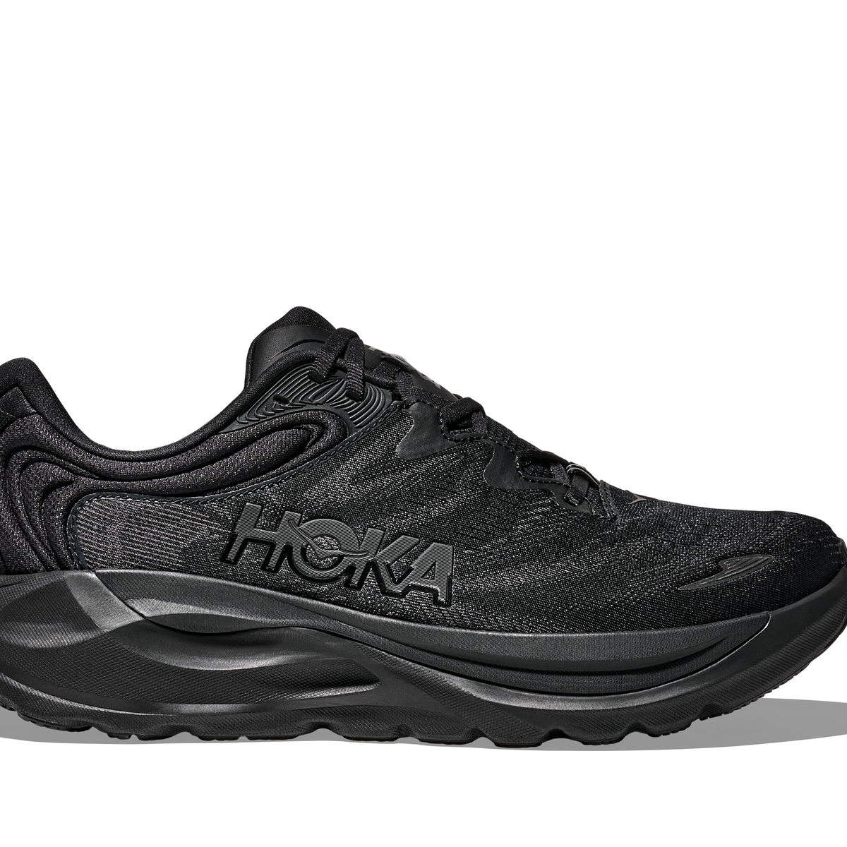 Men's Hoka Gaviota 6. Black upper. Black midsole. Lateral view.