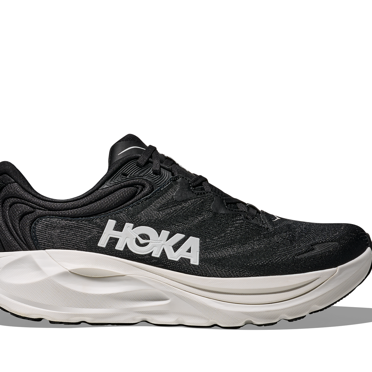 Men's Hoka Gaviota 6. Black upper. White midsole. Lateral view.