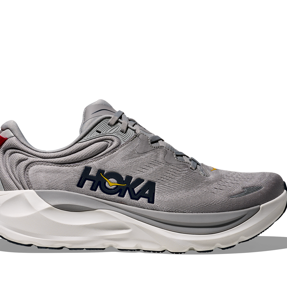 Men's Hoka Gaviota 6. Grey upper. White midsole. Lateral view.