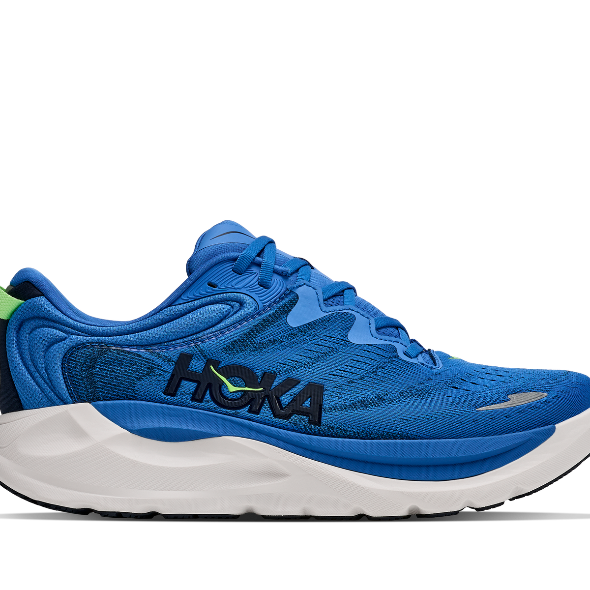 Men's Hoka Gaviota 6. Blue upper. White midsole. Lateral view.