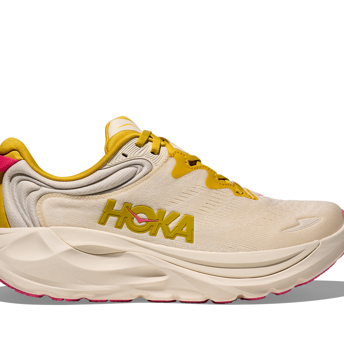 Women's Hoka Gaviota 6. White upper. White midsole. Lateral view.
