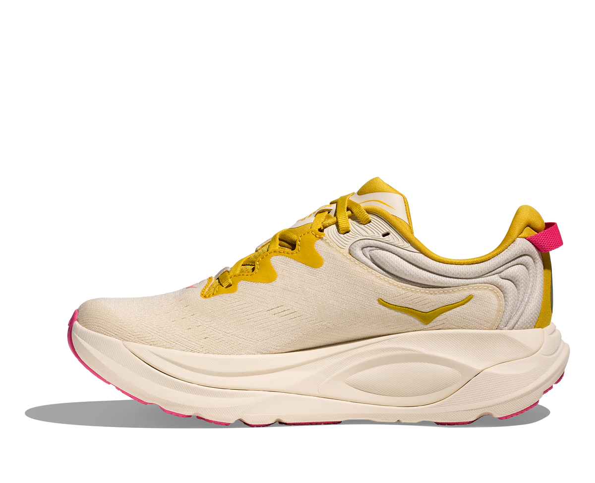 Women's Hoka Gaviota 6. White upper. White midsole. Medial view.