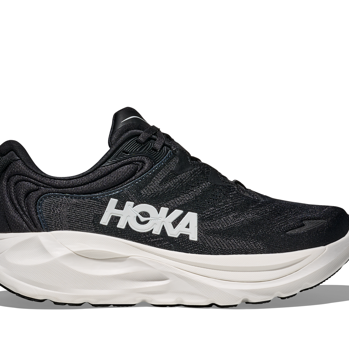 Women's Hoka Gaviota 6. Black upper. White midsole. Lateral view.