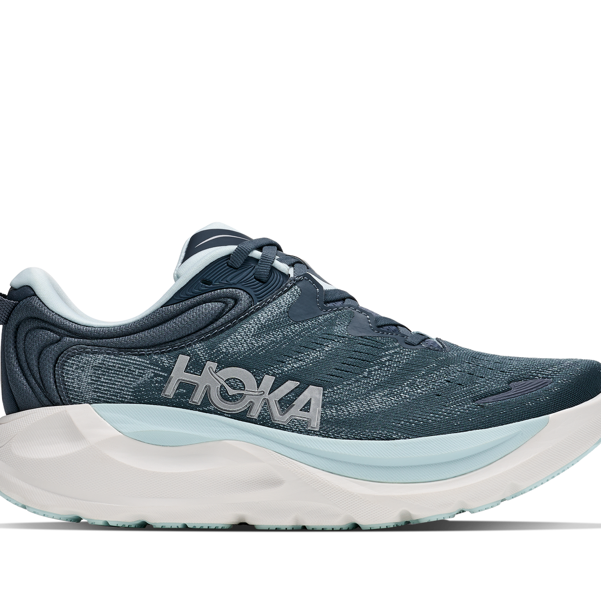 Women's Hoka Gaviota 6. Dark Navy upper. White midsole. Lateral view.