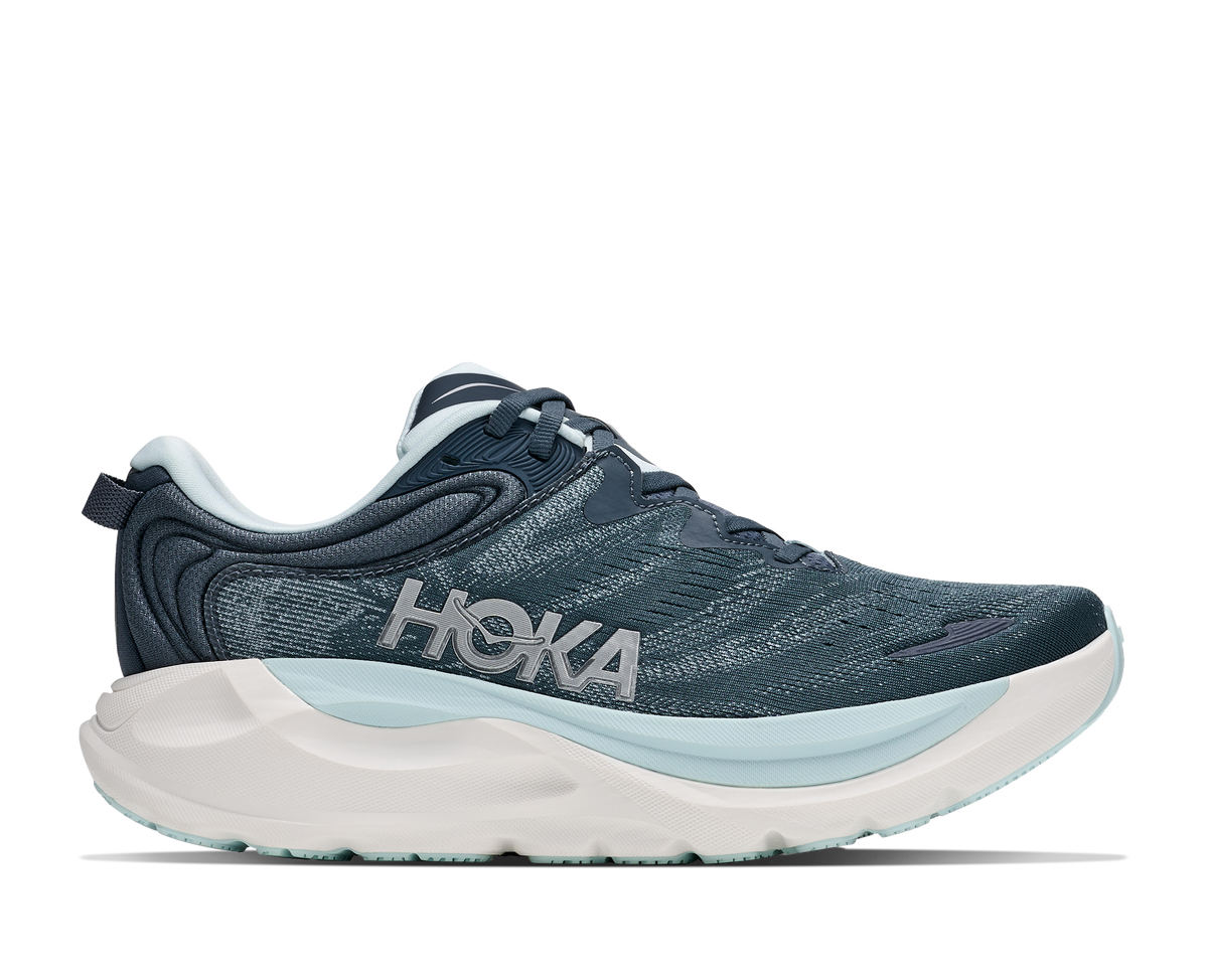 Women's Hoka Gaviota 6. Dark Navy upper. White midsole. Lateral view.