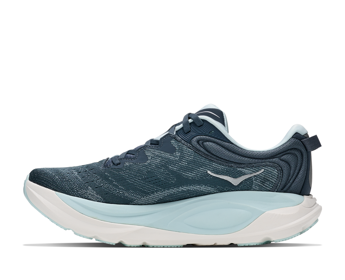 Women's Hoka Gaviota 6. Dark Navy upper. White midsole. Medial view.