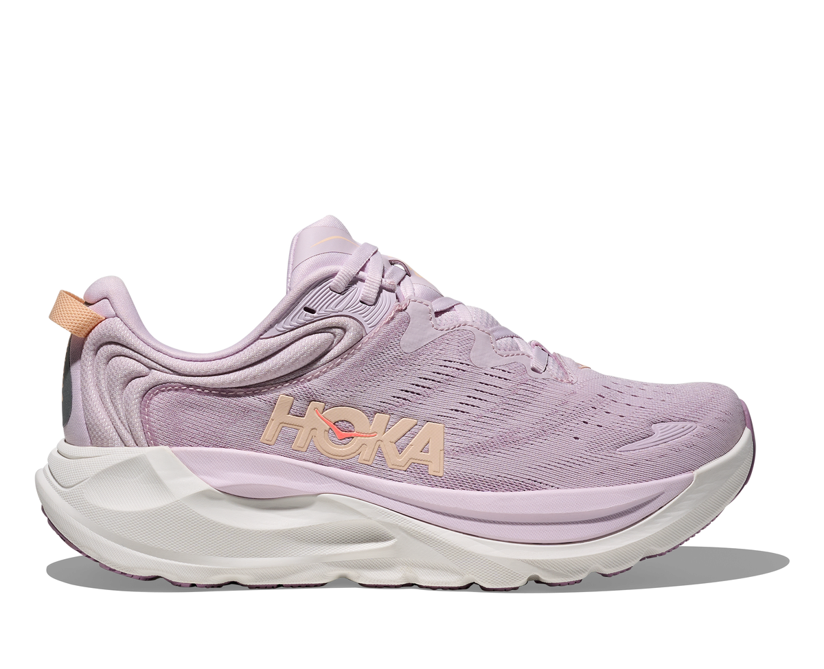 Women's Hoka Gaviota 6. Lilac upper. White midsole. Lateral view.