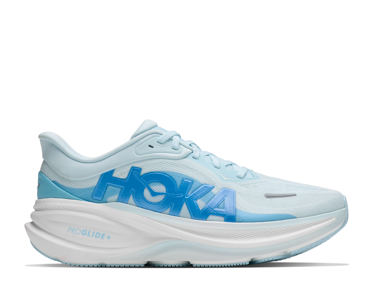 Women's Hoka Clifton Pro. Light Blue upper. White midsole. Lateral view.