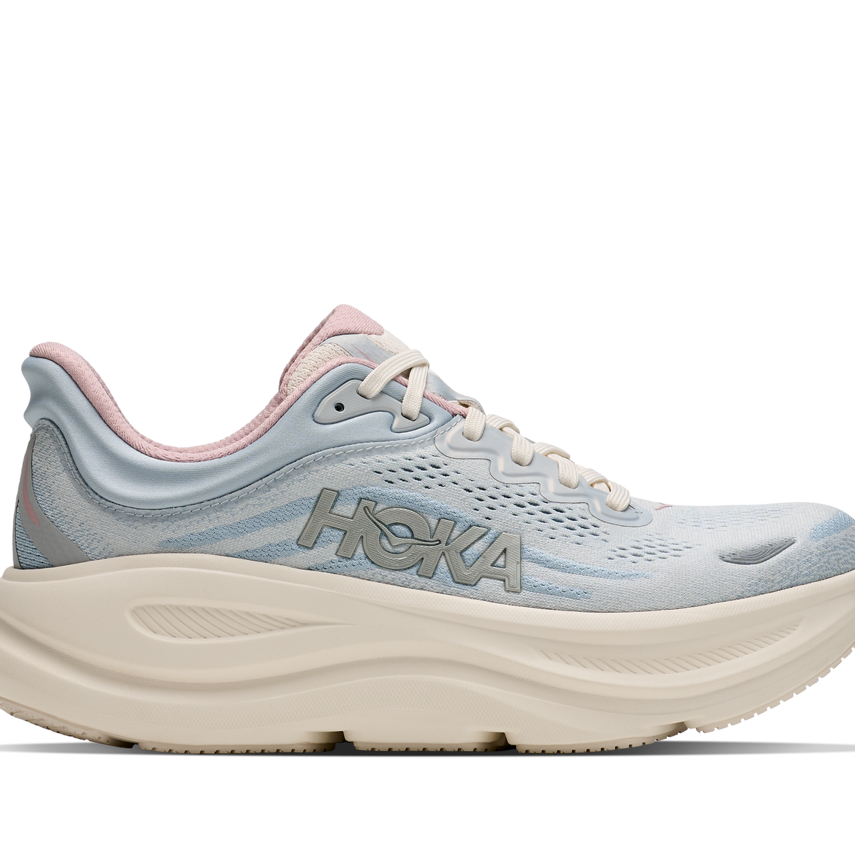 Women's Hoka Bondi 9. Light Blue upper. Off White midsole. Lateral view.