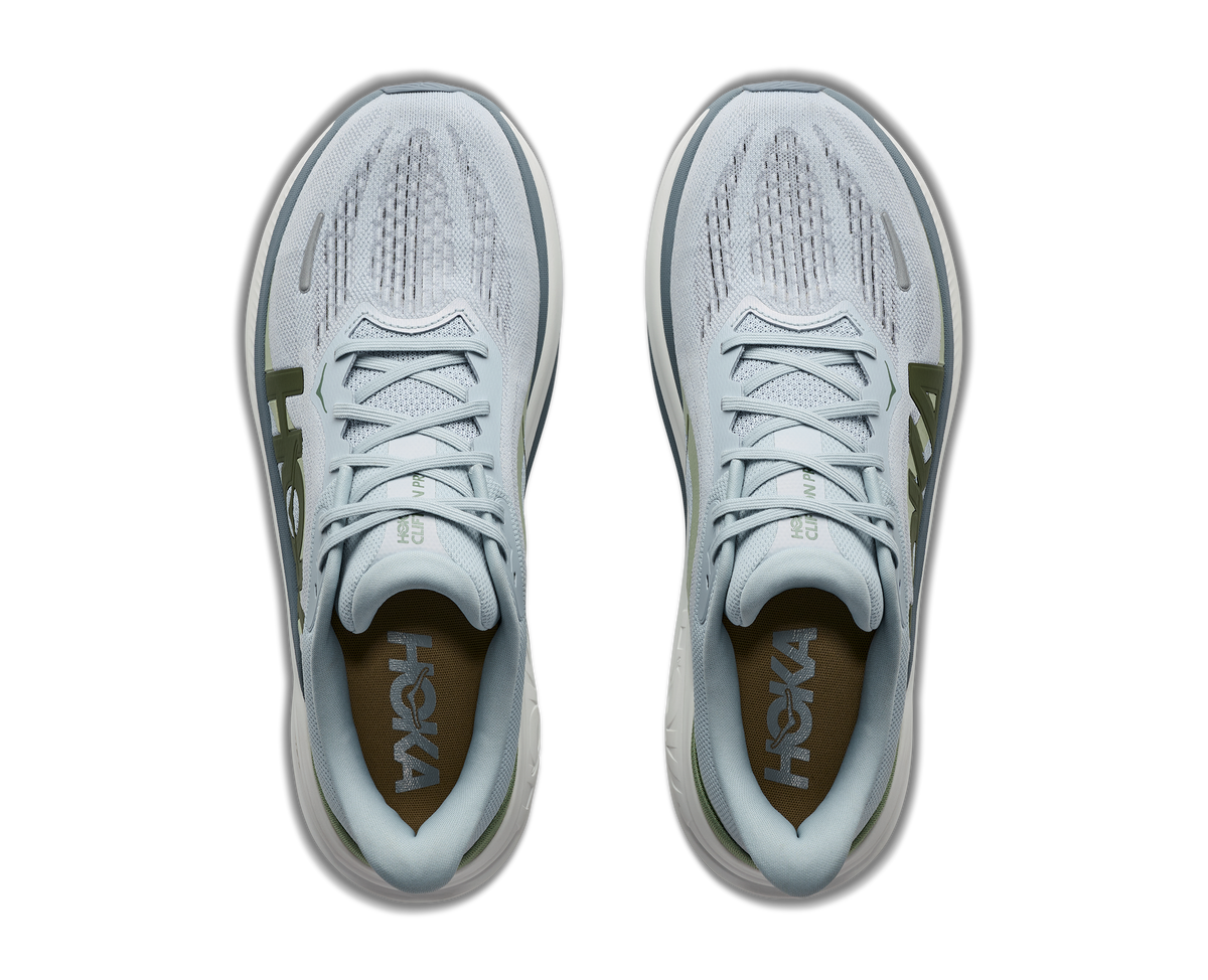 Men's HOKA Clifton Pro in Mineral Blue/Sprouted Green, top view.