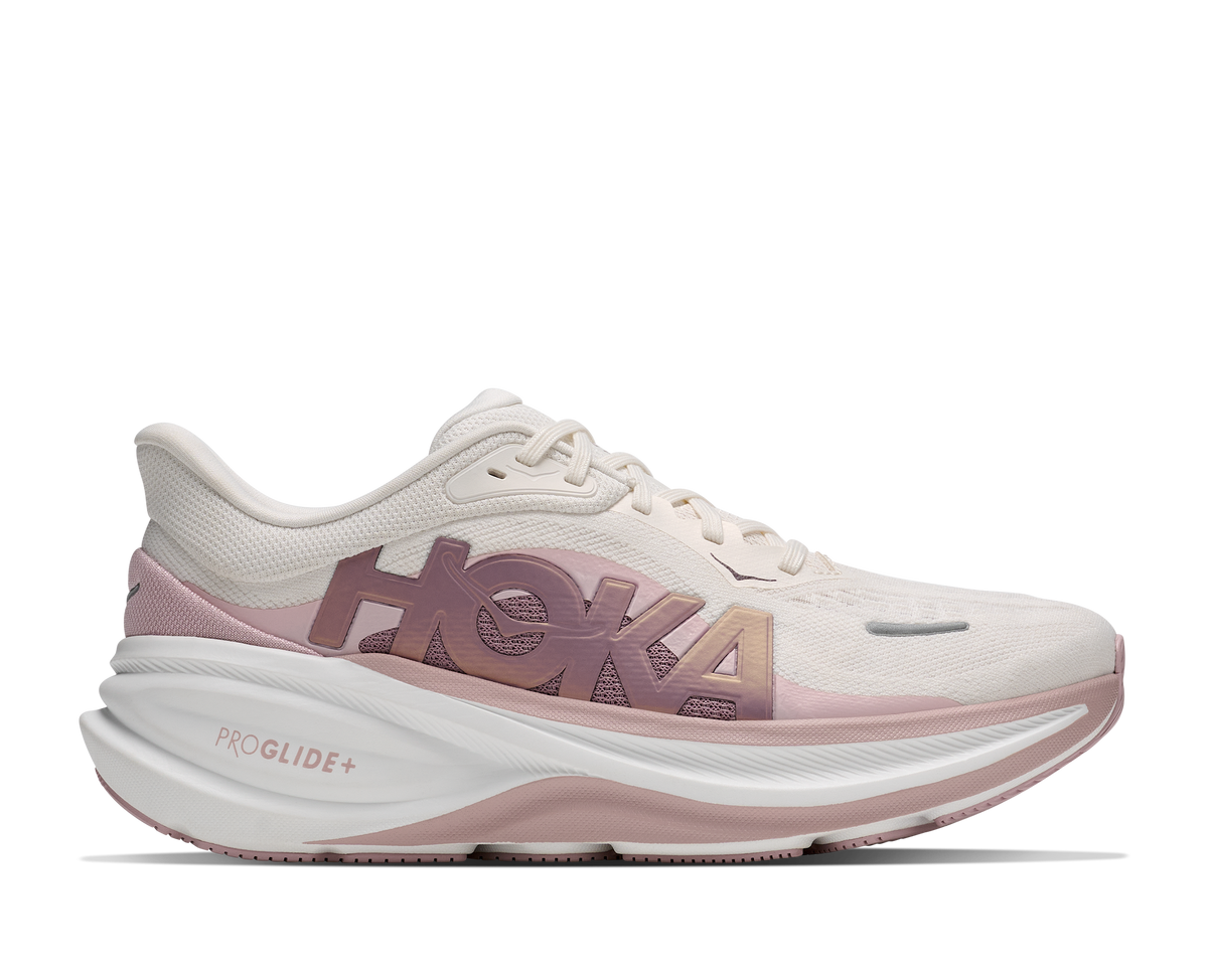 Women's HOKA Clifton Pro in Alabaster/Pink Opal, lateral detail view.