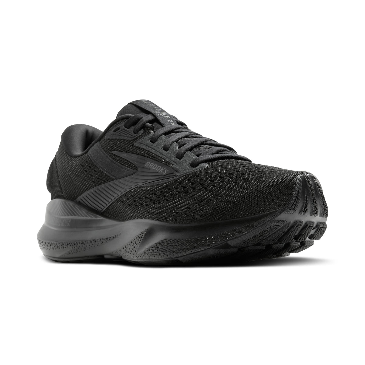 Women's Brooks Adrenaline GTS 24. Black upper. Black midsole. Lateral view.