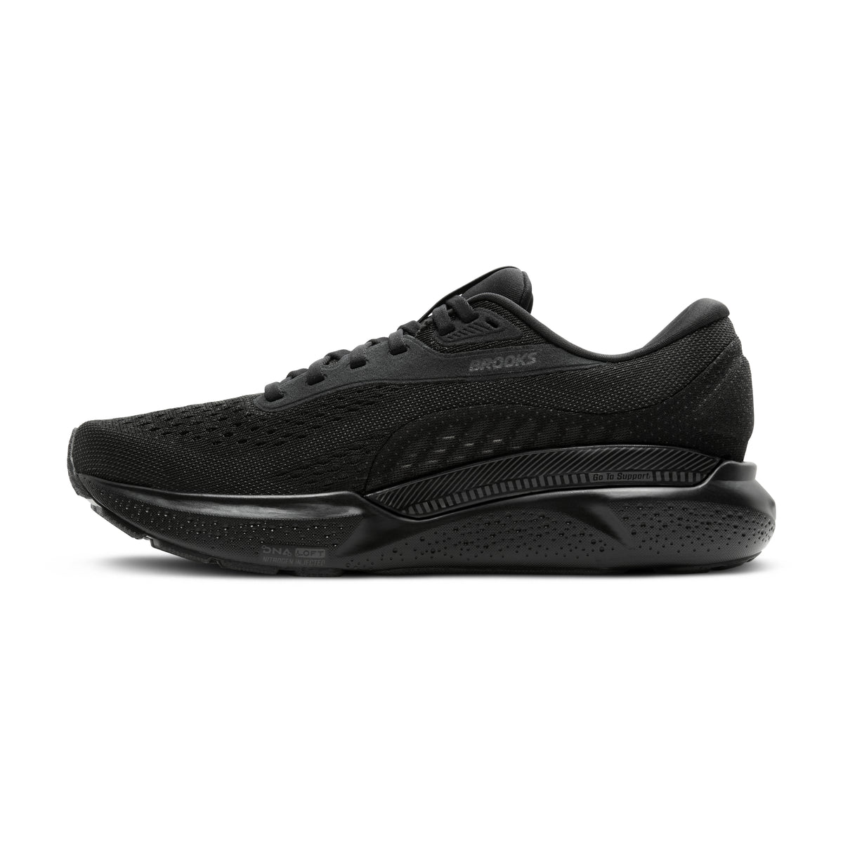 Women's Brooks Adrenaline GTS 24. Black upper. Black midsole. Medial view.